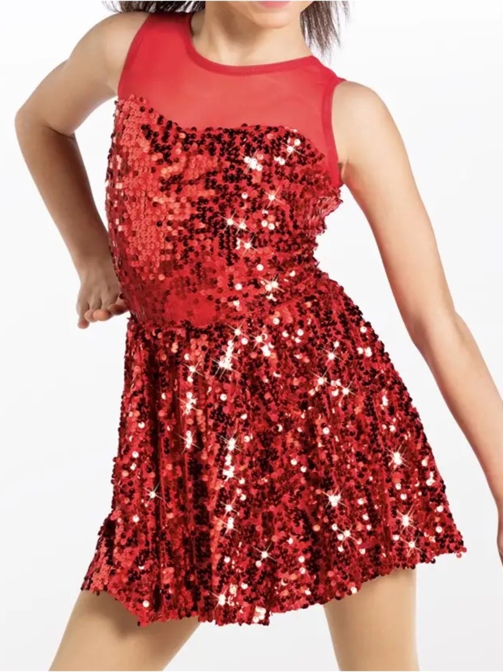 Weissman Red Sequin Dance Dress with Sheer Yoke